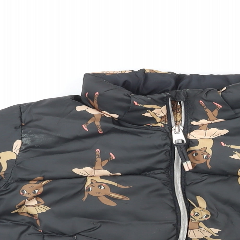 H&M Girls Black Puffer Jacket Coat Size 3-4 Years Zip - Ballerina Rabbits Print