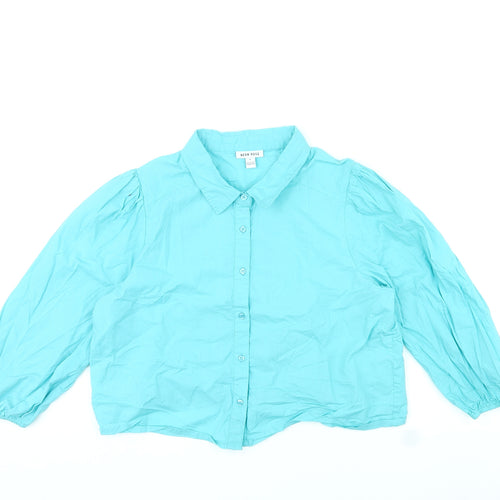 Neon Rose Womens Blue Cotton Cropped Blouse Size L Collared