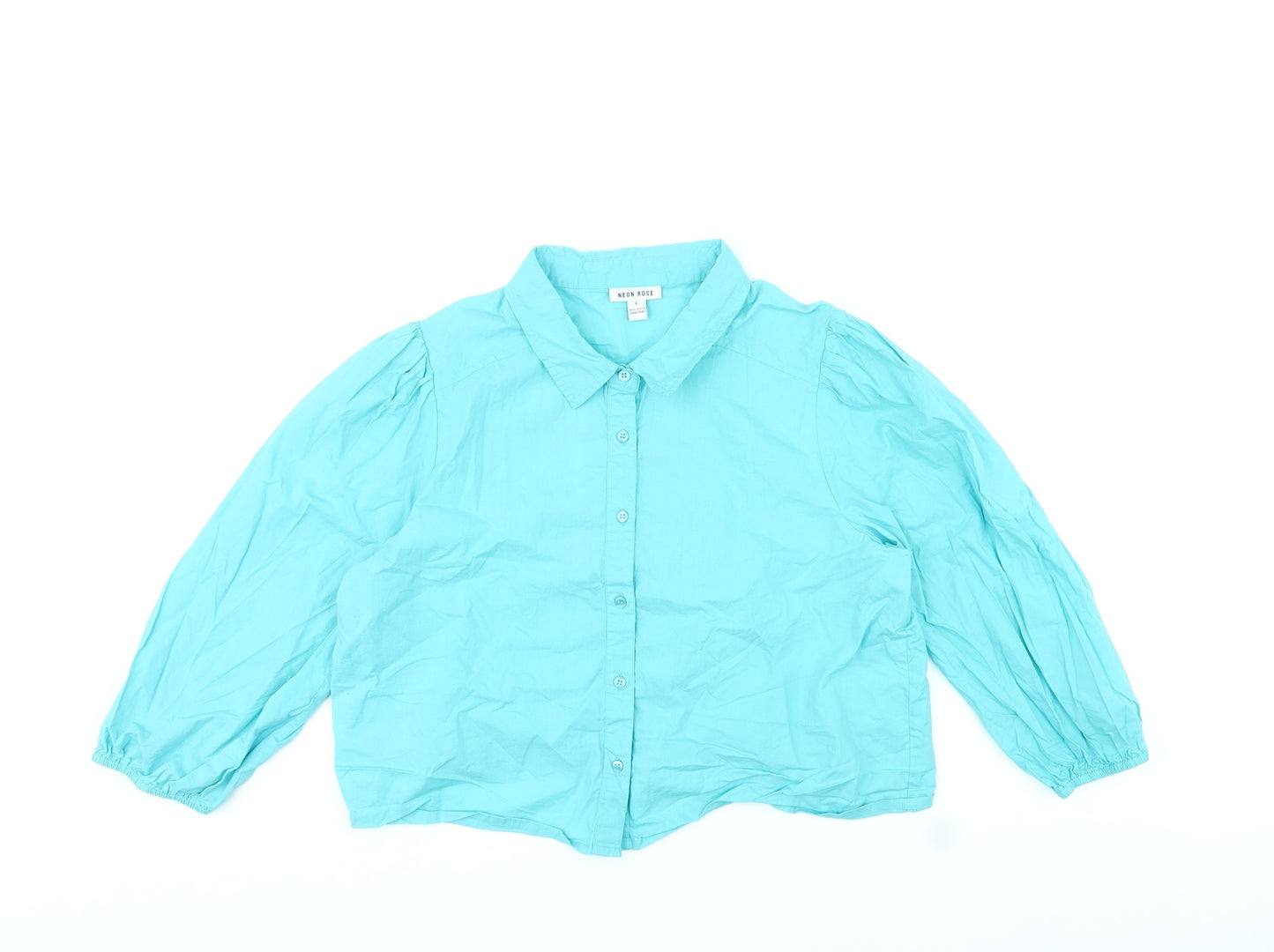 Neon Rose Womens Blue Cotton Cropped Blouse Size L Collared