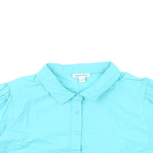Neon Rose Womens Blue Cotton Cropped Blouse Size L Collared