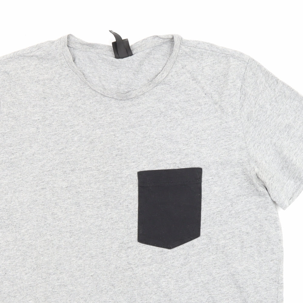 H&M Mens Grey Cotton T-Shirt Size L Crew Neck - Pocket