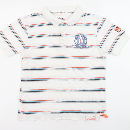Marks and Spencer Boys White Striped Cotton Basic Polo Size 9-10 Years Collared Button