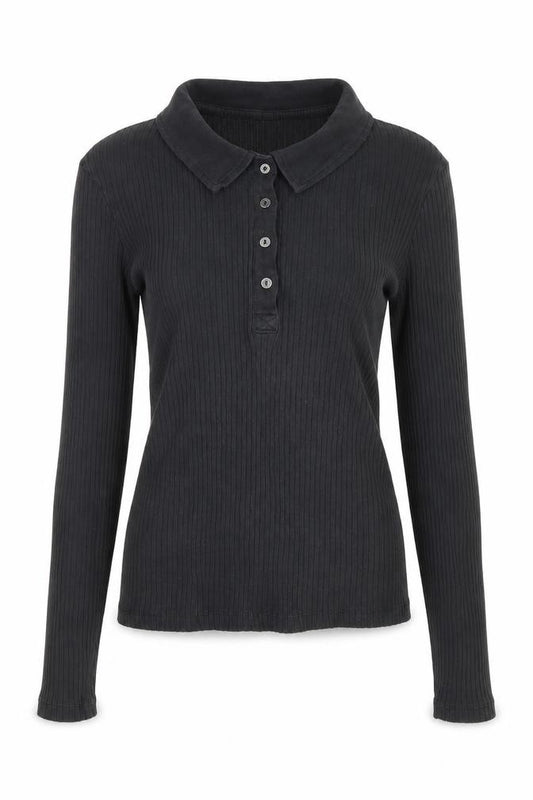 Front view of Only women’s black cotton basic button-up, size L, collared