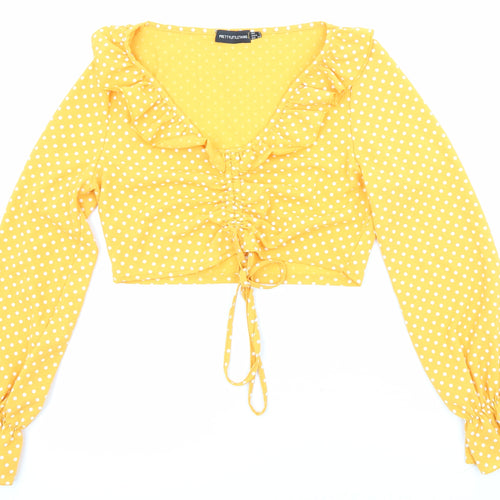Boohoo Womens Yellow Polka Dot Polyester Cropped Blouse Size 8 V-Neck