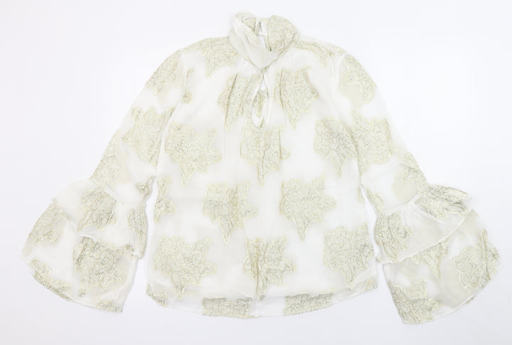 Miss Selfridge Womens White Floral Viscose Basic Blouse Size 6 Halter - Flared and layered sleeves