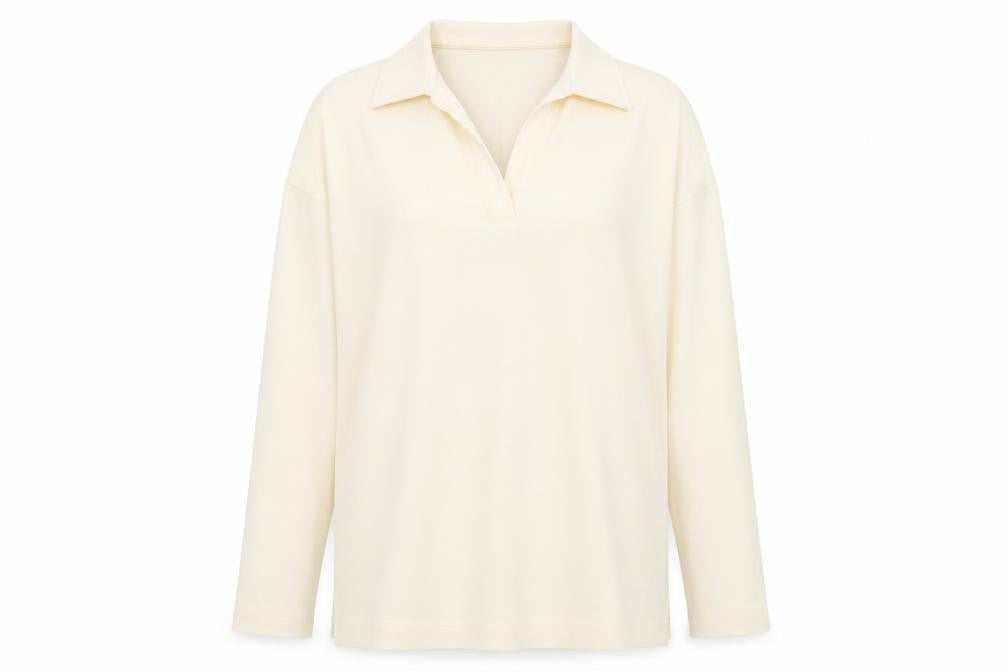 Front view of Topshop women’s ivory cotton basic t-shirt, size S, v-neck - collared
