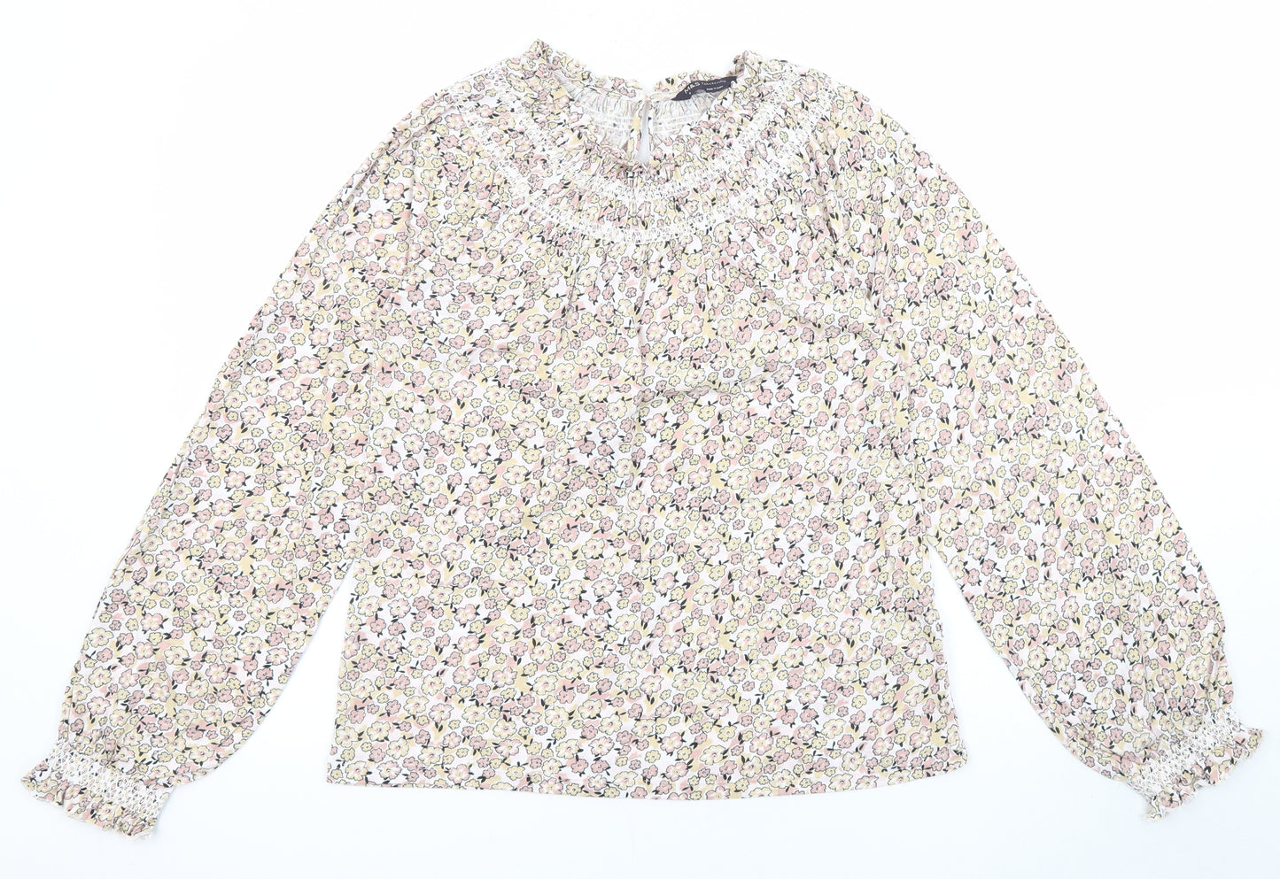 Marks and Spencer Womens Multicoloured Floral Cotton Basic T-Shirt Size 6 V-Neck - Balloon sleeves