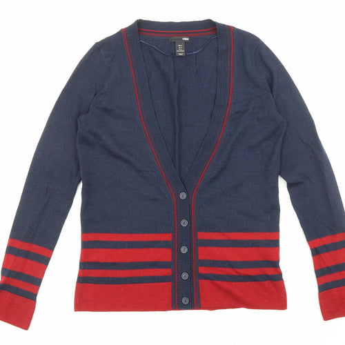 H&M Womens Blue V-Neck Striped Acrylic Cardigan Jumper Size S