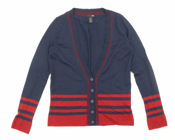 H&M Womens Blue V-Neck Striped Acrylic Cardigan Jumper Size S