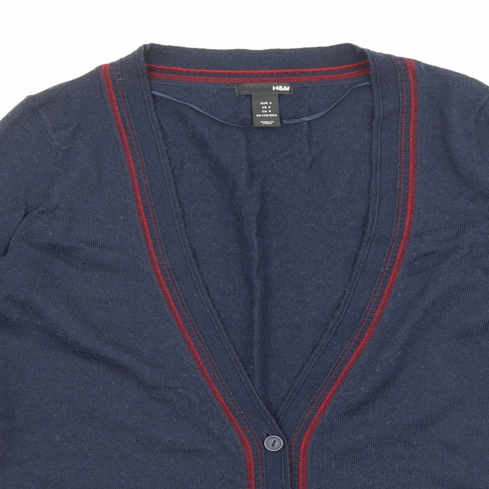 H&M Womens Blue V-Neck Striped Acrylic Cardigan Jumper Size S