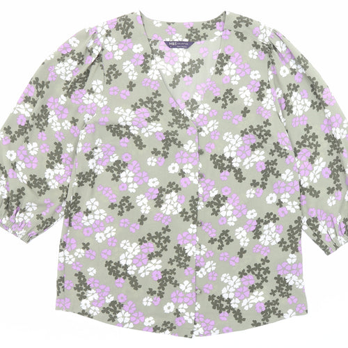 Marks and Spencer Womens Green Floral Polyester Basic Blouse Size 10 V-Neck