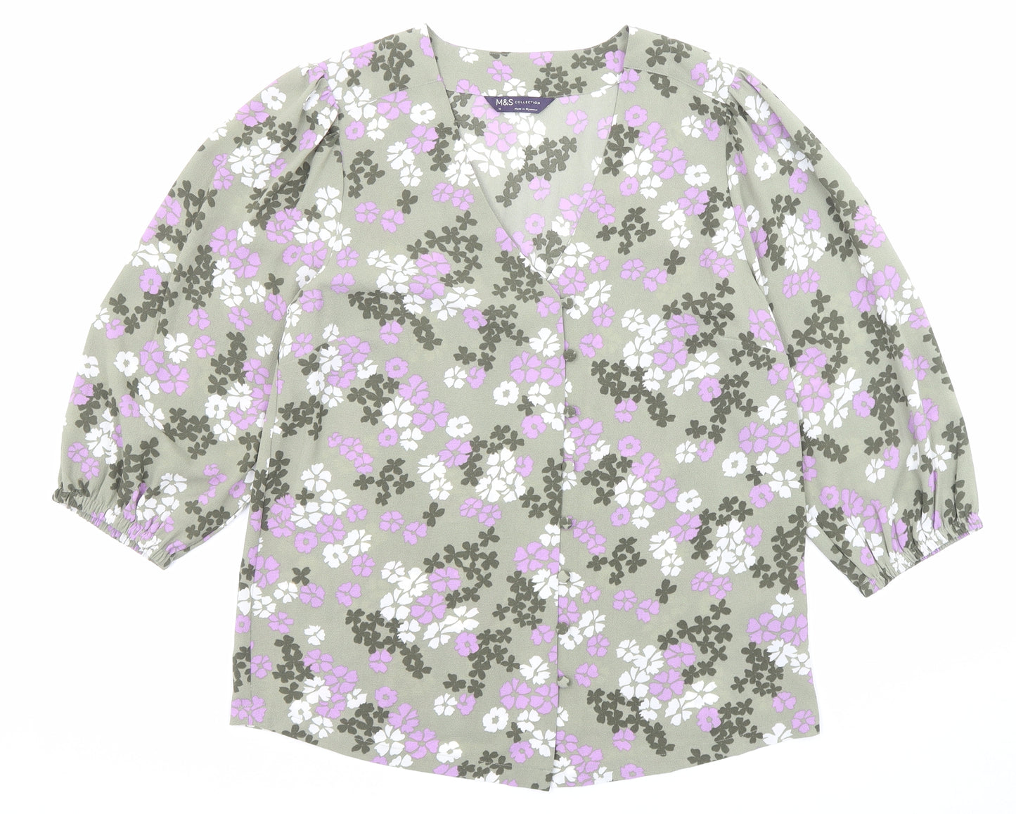 Marks and Spencer Womens Green Floral Polyester Basic Blouse Size 10 V-Neck