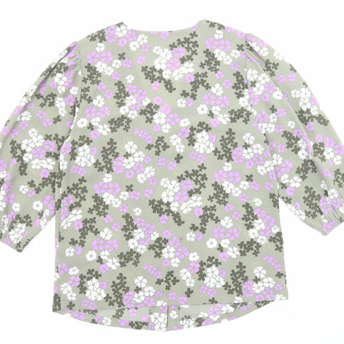Marks and Spencer Womens Green Floral Polyester Basic Blouse Size 10 V-Neck