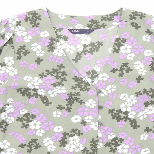 Marks and Spencer Womens Green Floral Polyester Basic Blouse Size 10 V-Neck