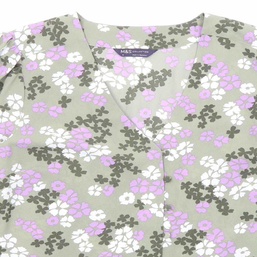 Marks and Spencer Womens Green Floral Polyester Basic Blouse Size 10 V-Neck