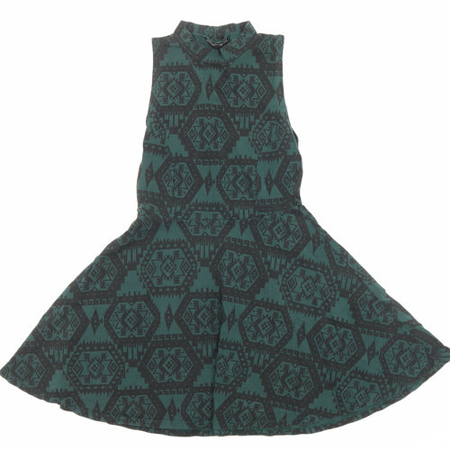 Topshop Womens Green Geometric Cotton Fit & Flare Size 10 Halter Pullover
