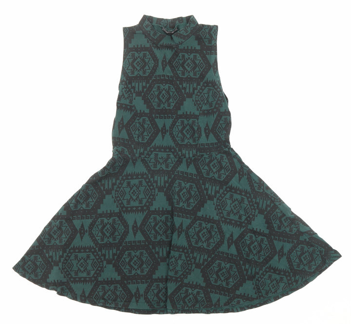 Topshop Womens Green Geometric Cotton Fit & Flare Size 10 Halter Pullover