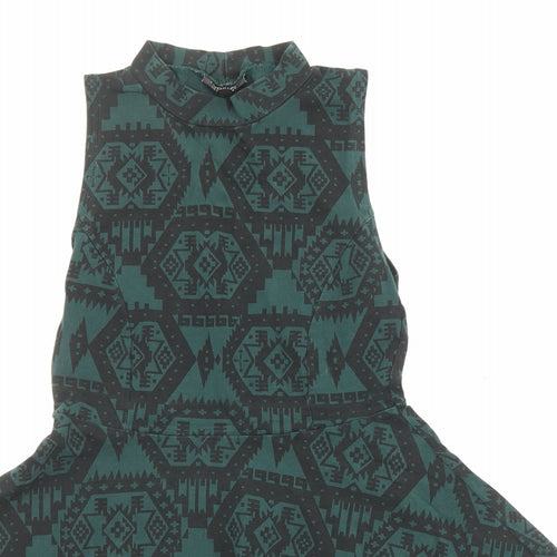 Topshop Womens Green Geometric Cotton Fit & Flare Size 10 Halter Pullover