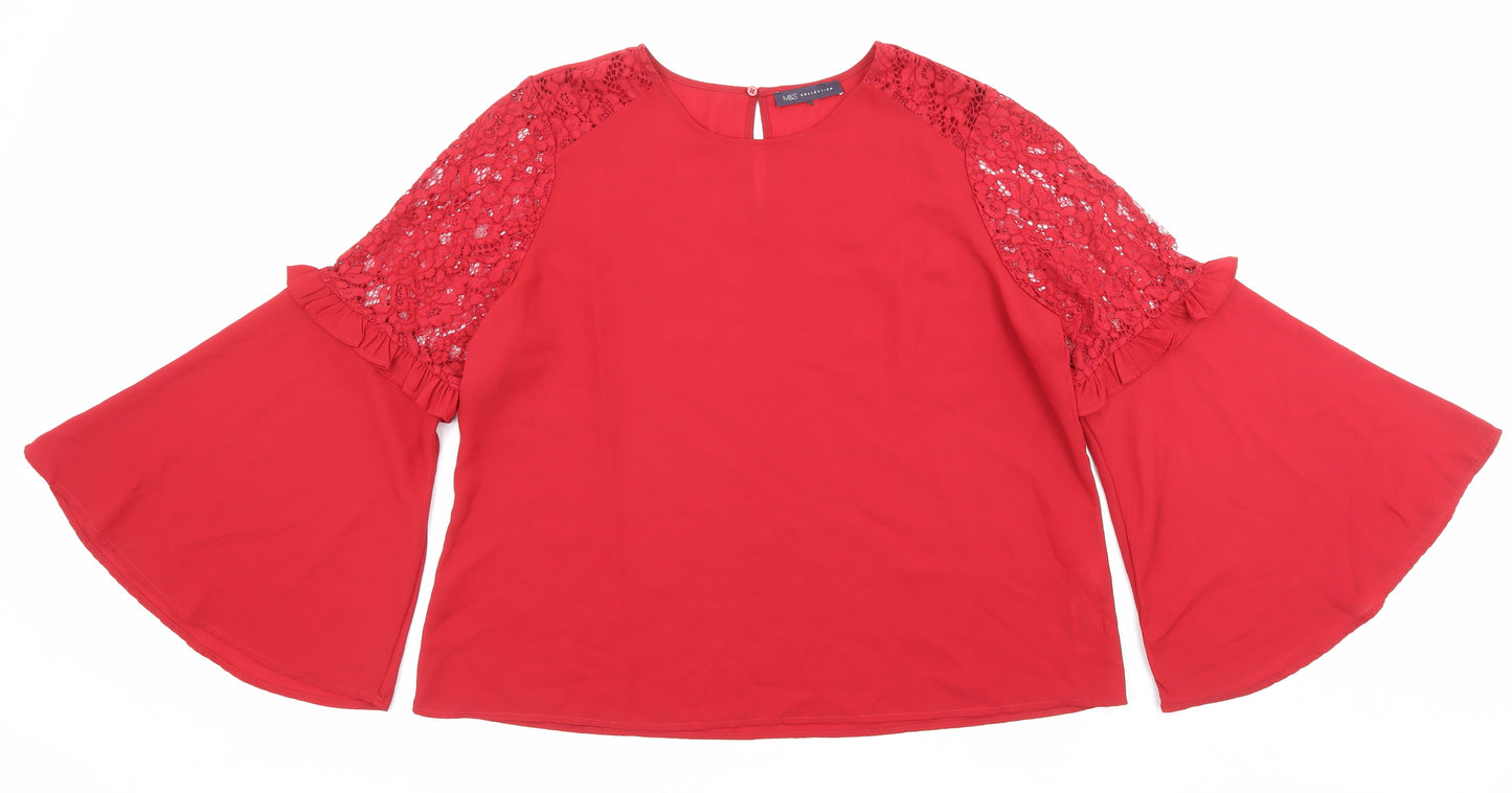 Marks and Spencer Womens Red Polyester Basic Blouse Size 20 Scoop Neck - Flared sleeves