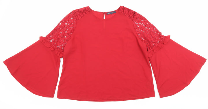 Marks and Spencer Womens Red Polyester Basic Blouse Size 20 Scoop Neck - Flared sleeves