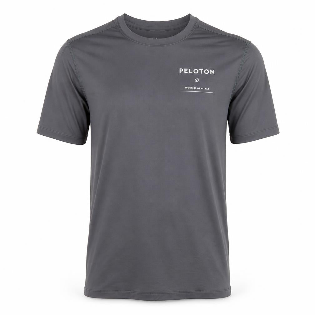 Front view of Peleton men’s grey nylon jersey t-shirt, size S, crew neck pullover