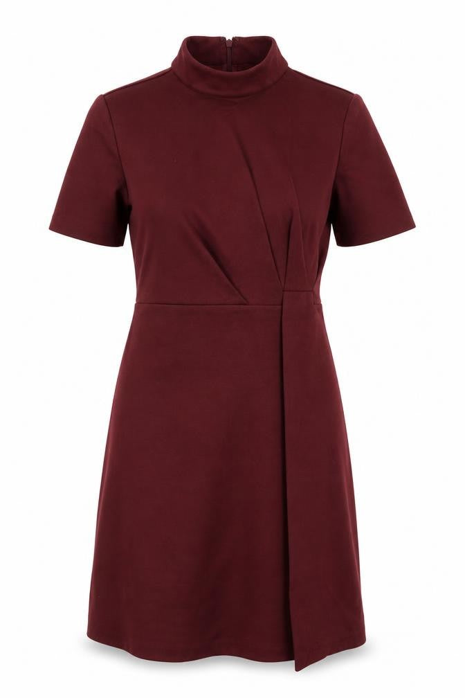 Front view of Warehouse women’s red viscose a-line, size UK 10, halter zip