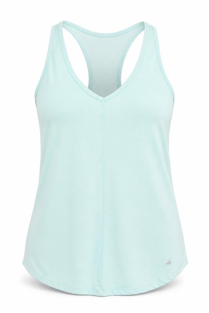 Front view of Bally women’s blue polyester basic tank, size M, v-neck pullover