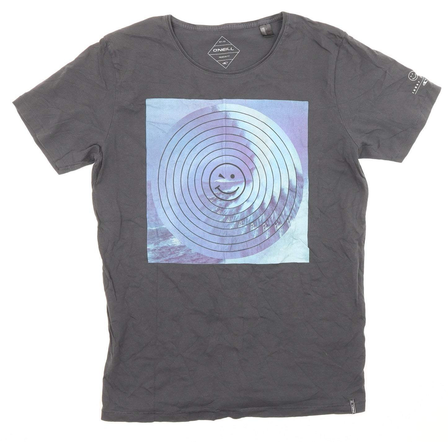 O'Neill Mens Grey Cotton T-Shirt Size L Crew Neck - Winky face