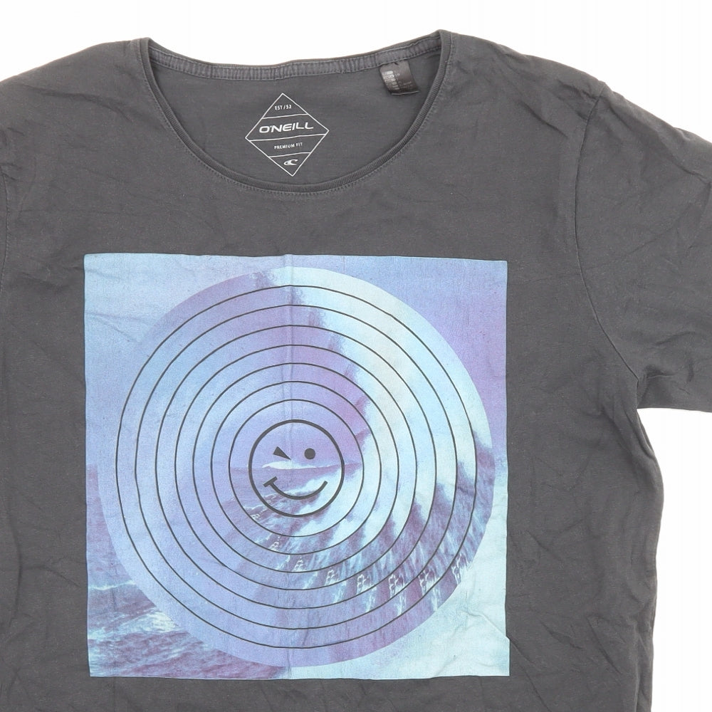 O'Neill Mens Grey Cotton T-Shirt Size L Crew Neck - Winky face