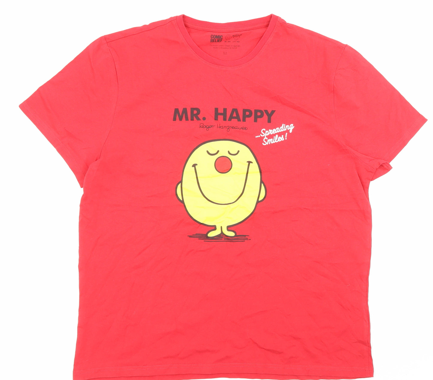 Comic Relief Mens Red Cotton T-Shirt Size M Crew Neck - Mr Happy
