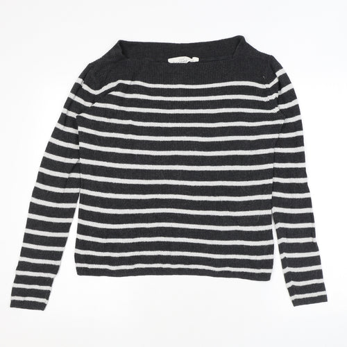 H&M Womens Grey Square Neck Striped Cotton Pullover Jumper Size M