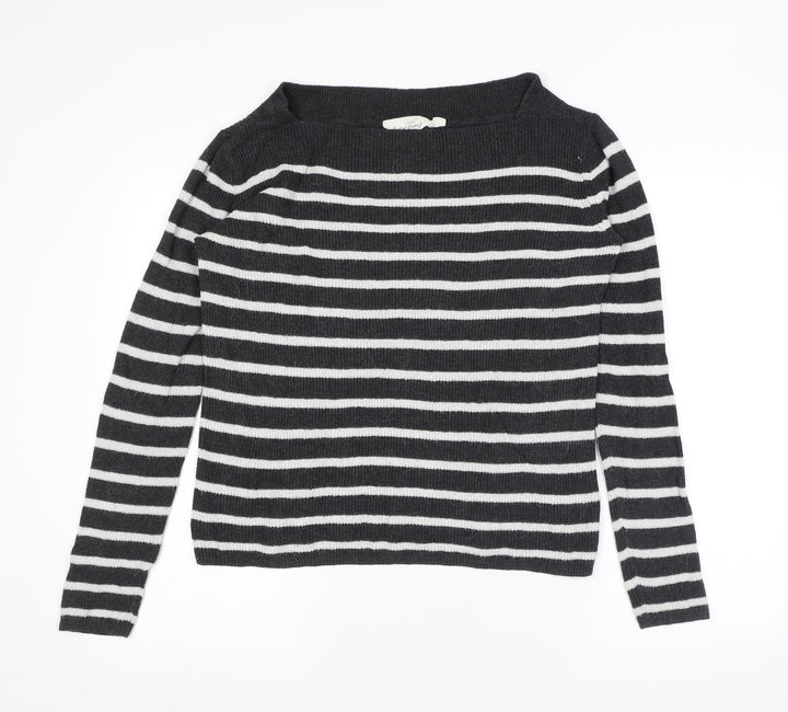 H&M Womens Grey Square Neck Striped Cotton Pullover Jumper Size M