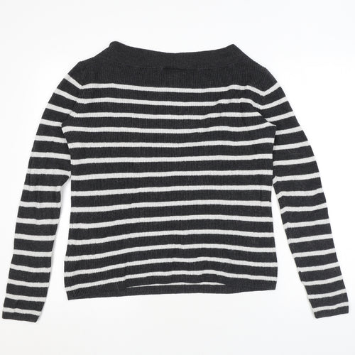 H&M Womens Grey Square Neck Striped Cotton Pullover Jumper Size M