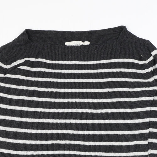 H&M Womens Grey Square Neck Striped Cotton Pullover Jumper Size M