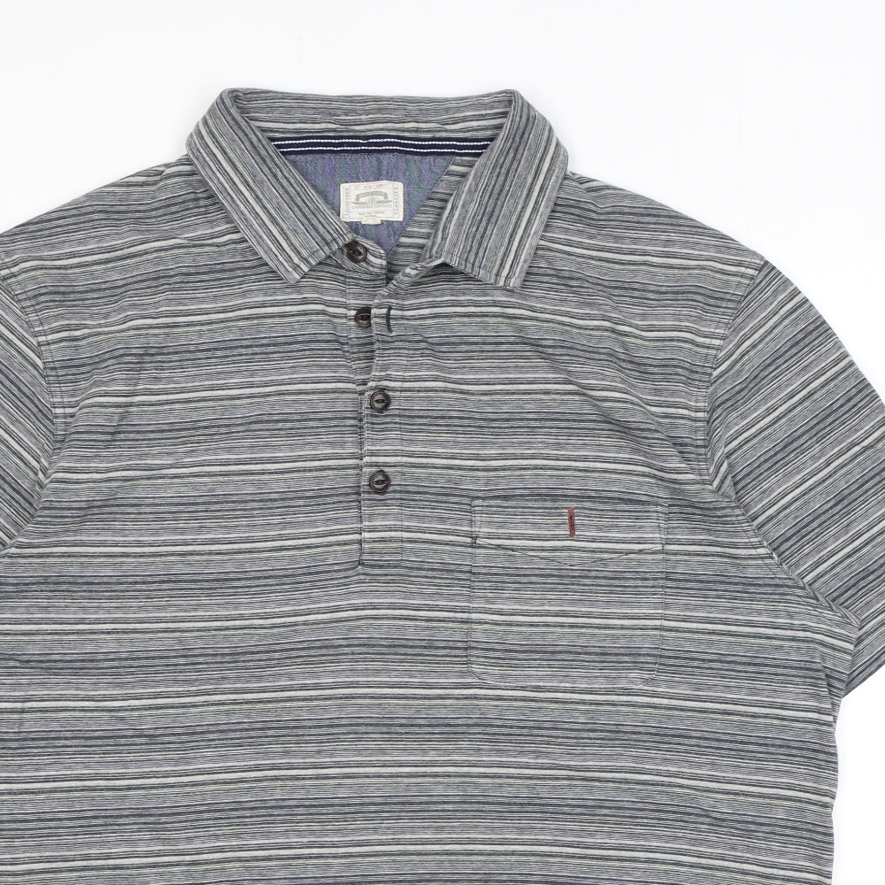 White Stuff Mens Grey Striped Cotton Polo Size L Collared Button