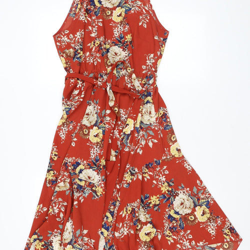 New Look Womens Red Floral Polyester Fit & Flare Size 12 Halter Button - Belted