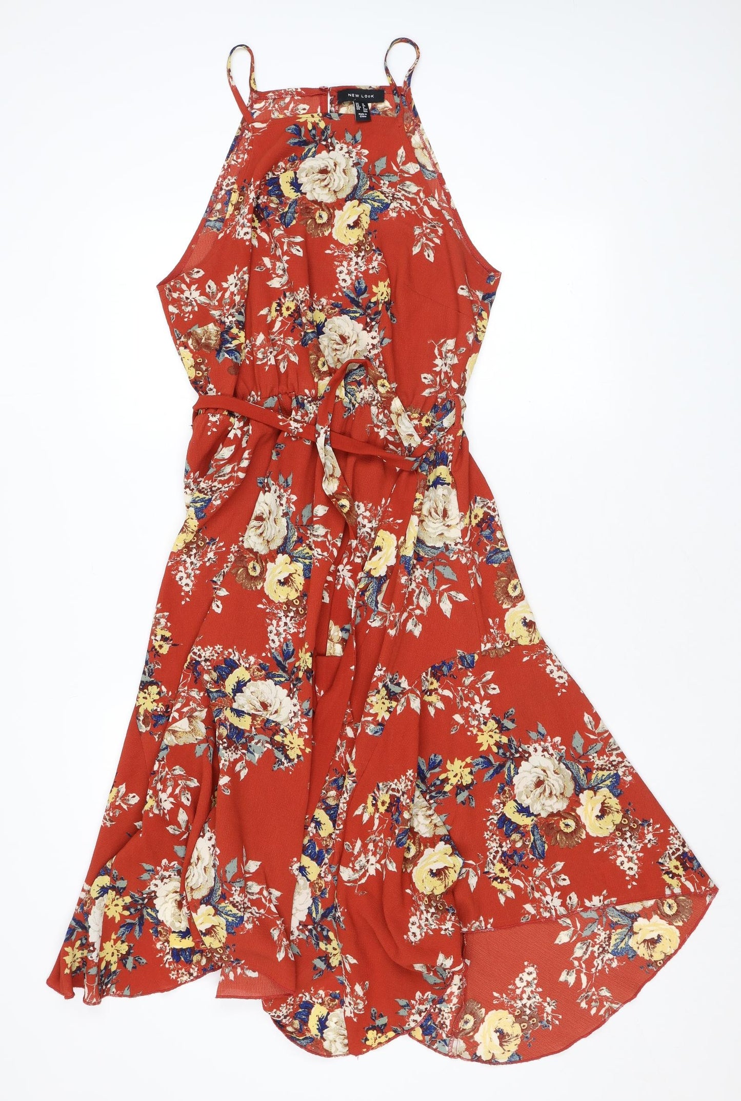 New Look Womens Red Floral Polyester Fit & Flare Size 12 Halter Button - Belted