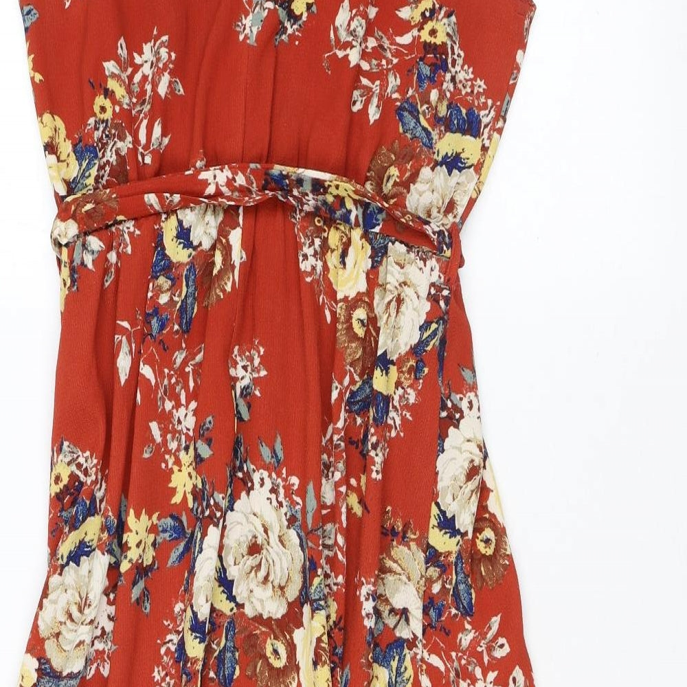 New Look Womens Red Floral Polyester Fit & Flare Size 12 Halter Button - Belted