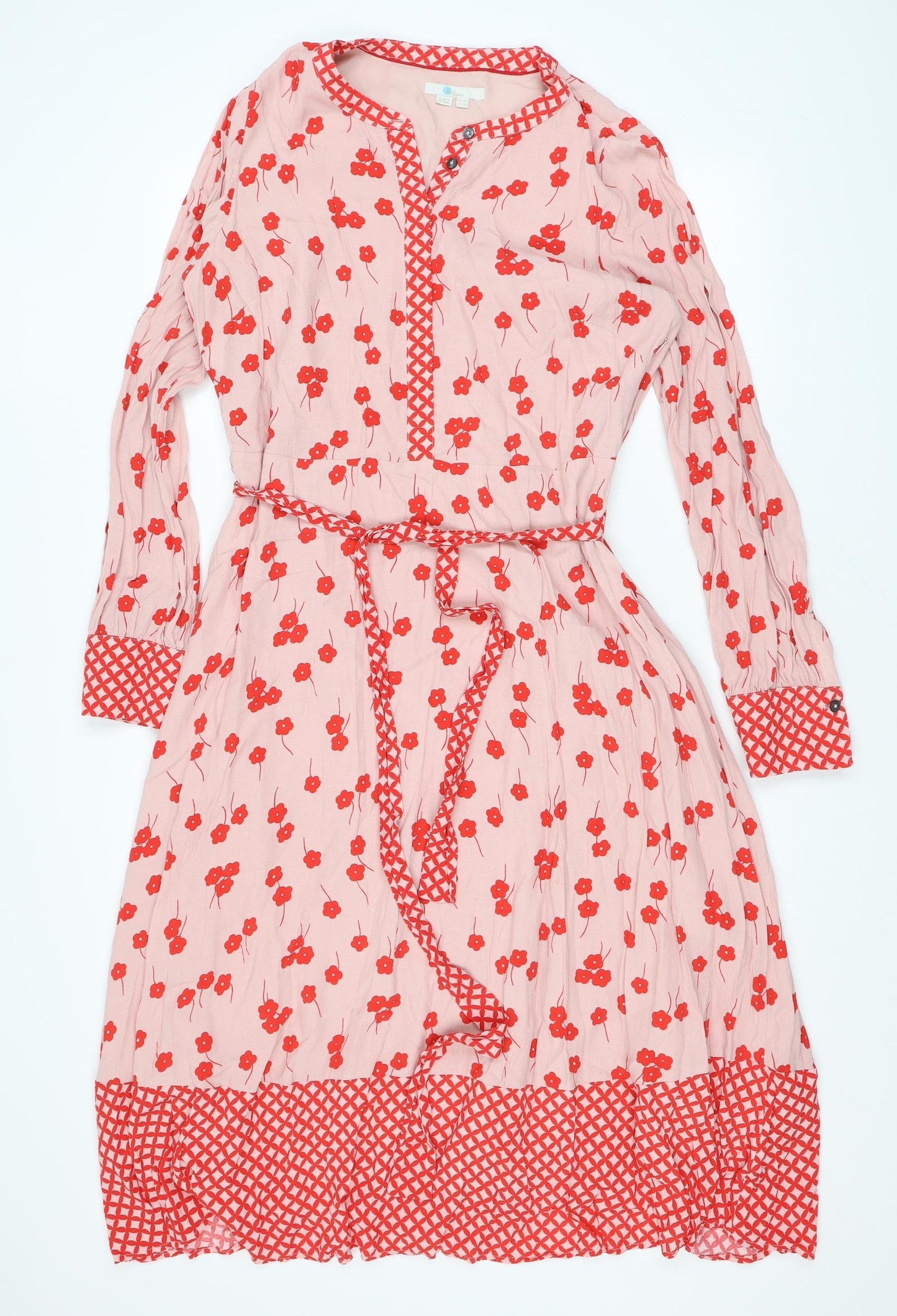 Boden Womens Pink Floral Polyester A-Line Size 14 V-Neck Button - Belted