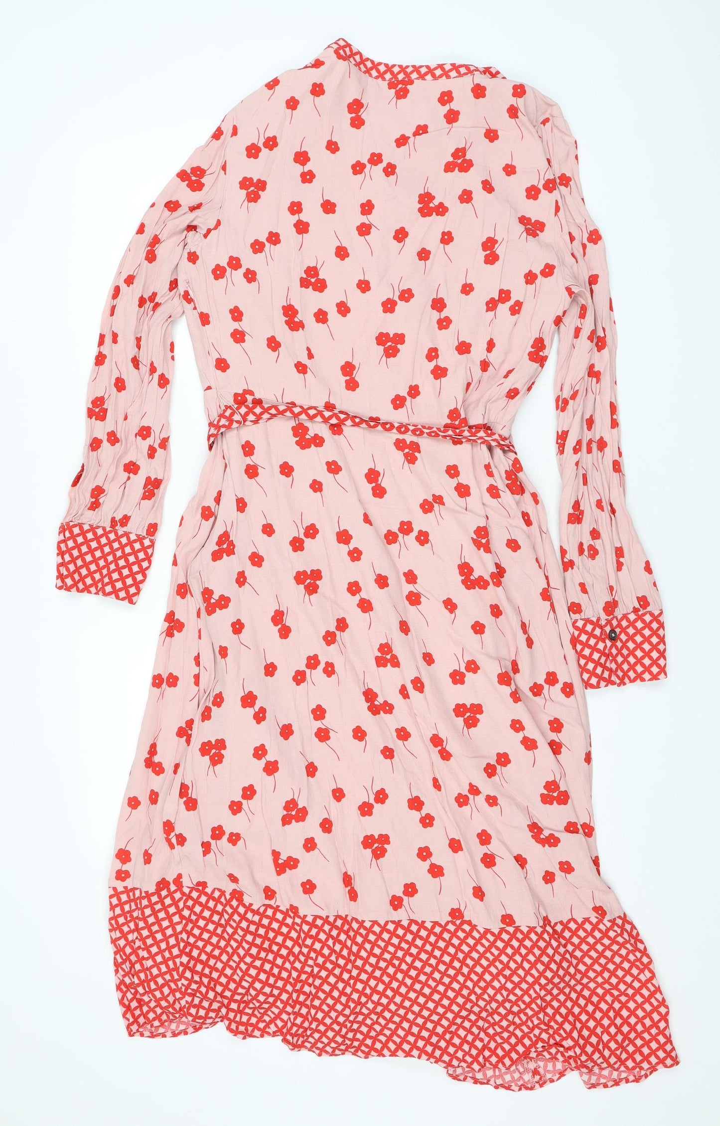 Boden Womens Pink Floral Polyester A-Line Size 14 V-Neck Button - Belted