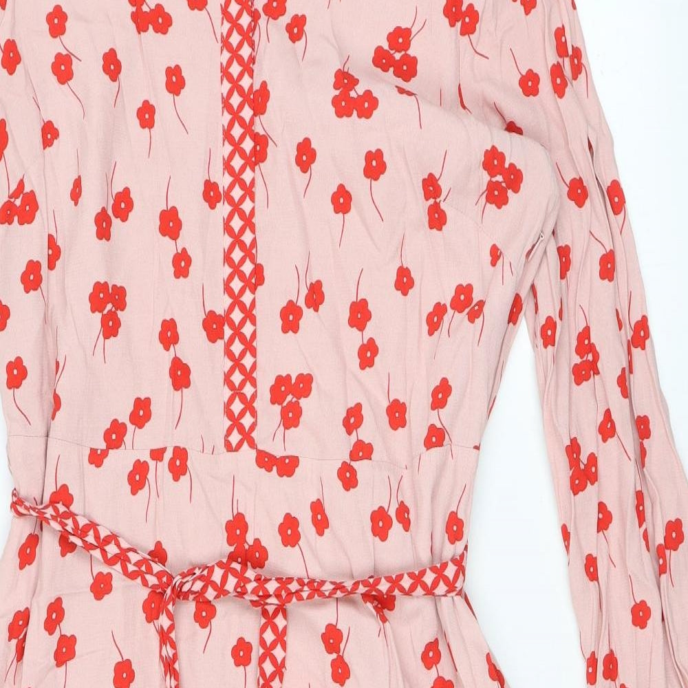 Boden Womens Pink Floral Polyester A-Line Size 14 V-Neck Button - Belted