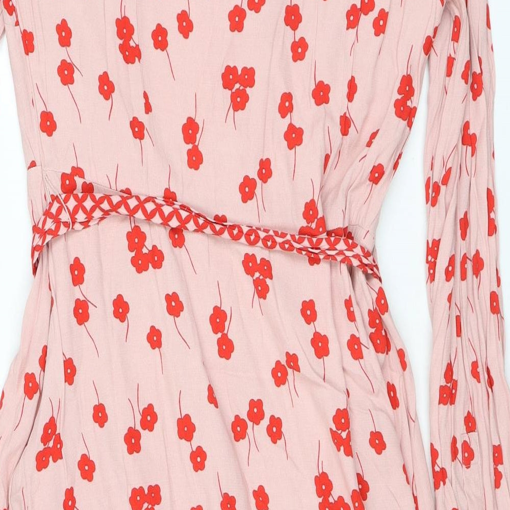 Boden Womens Pink Floral Polyester A-Line Size 14 V-Neck Button - Belted