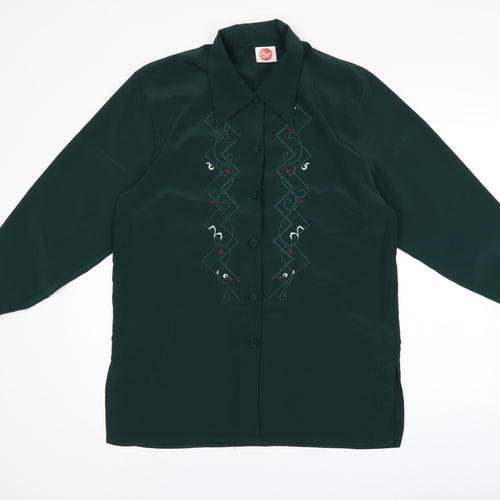 Cleo Womens Green Geometric Polyester Basic Button-Up Size 10 Collared - Embroidery