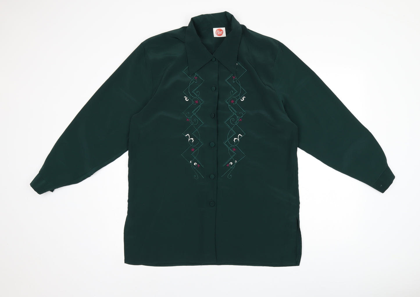Cleo Womens Green Geometric Polyester Basic Button-Up Size 10 Collared - Embroidery