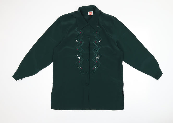 Cleo Womens Green Geometric Polyester Basic Button-Up Size 10 Collared - Embroidery
