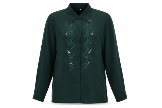 Front view of Cleo women’s green geometric polyester basic button-up, size UK 10, collared - embroidery