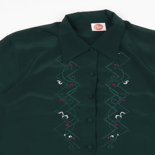 Cleo Womens Green Geometric Polyester Basic Button-Up Size 10 Collared - Embroidery