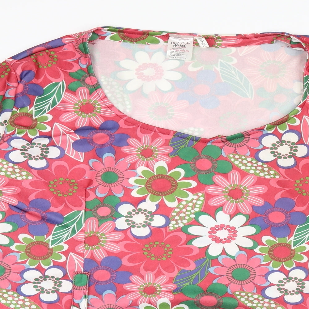 Wicked Costumes Womens Pink Floral Polyester Basic Blouse Size XL Scoop Neck