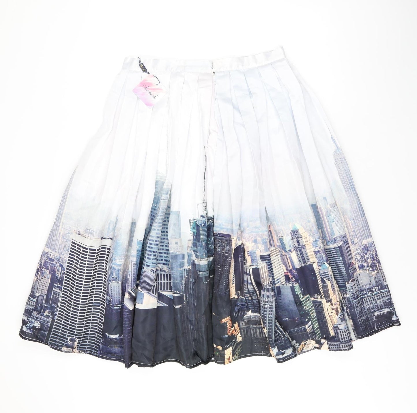 Chicwish Womens White Geometric Polyester Swing Skirt Size L Zip - Pleated, Skyline