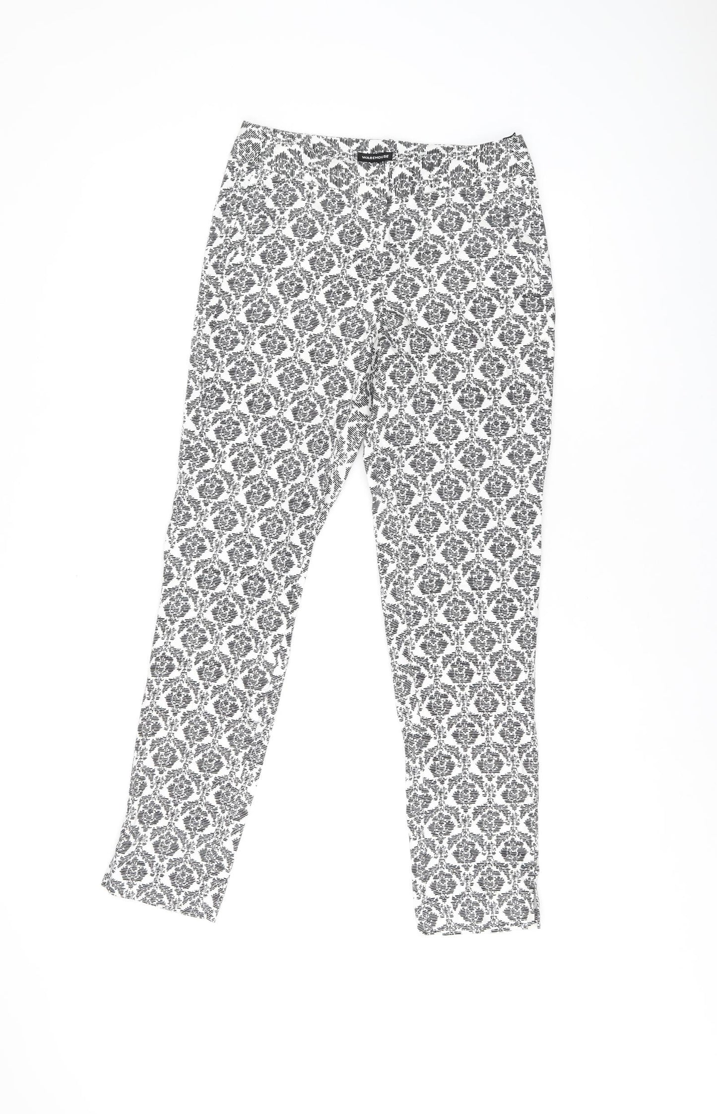 Warehouse Womens Black Geometric Cotton Trousers Size 6 L26.5 in Regular Zip
